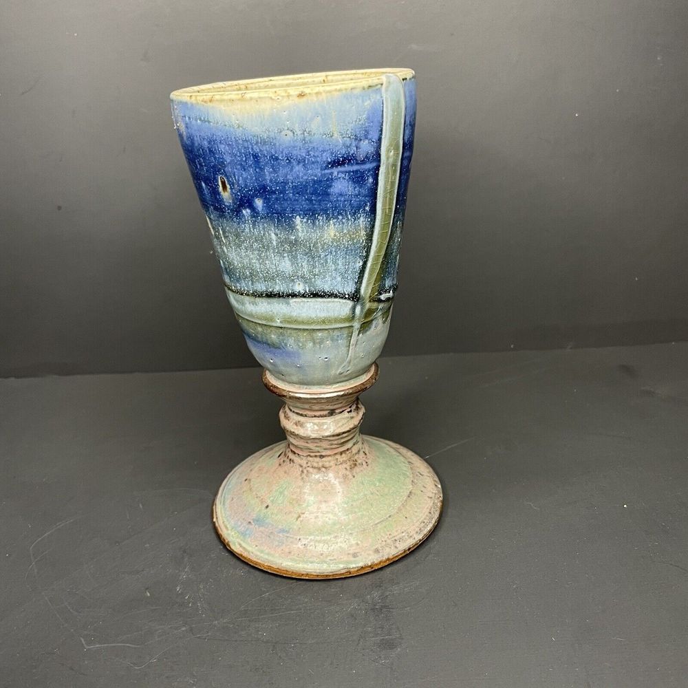 Vtg Hand Thrown Stoneware‎ STUDIO ART POTTERY  7" Wine Glass Goblet Blue Glazed - Picture 2 of 8